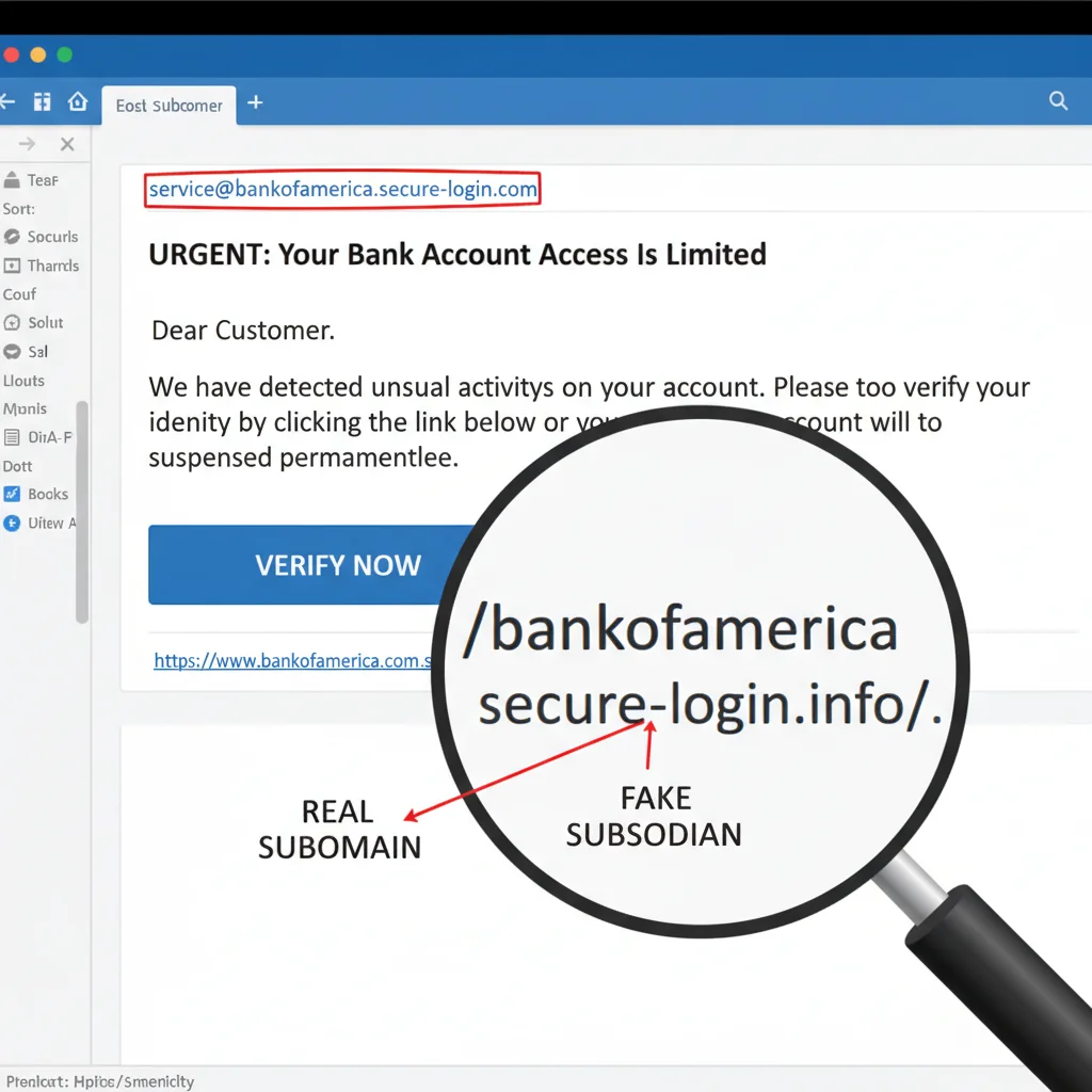 Exemplo de e-mail de phishing com erros de gramática e remetente suspeito em destaque.