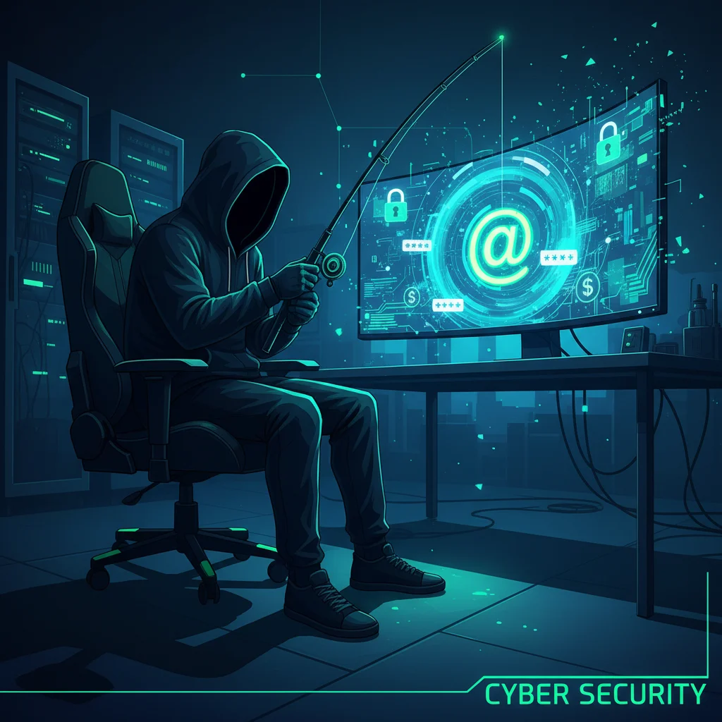 Ilustração de um hacker pescando dados de um computador com uma vara de pescar.
