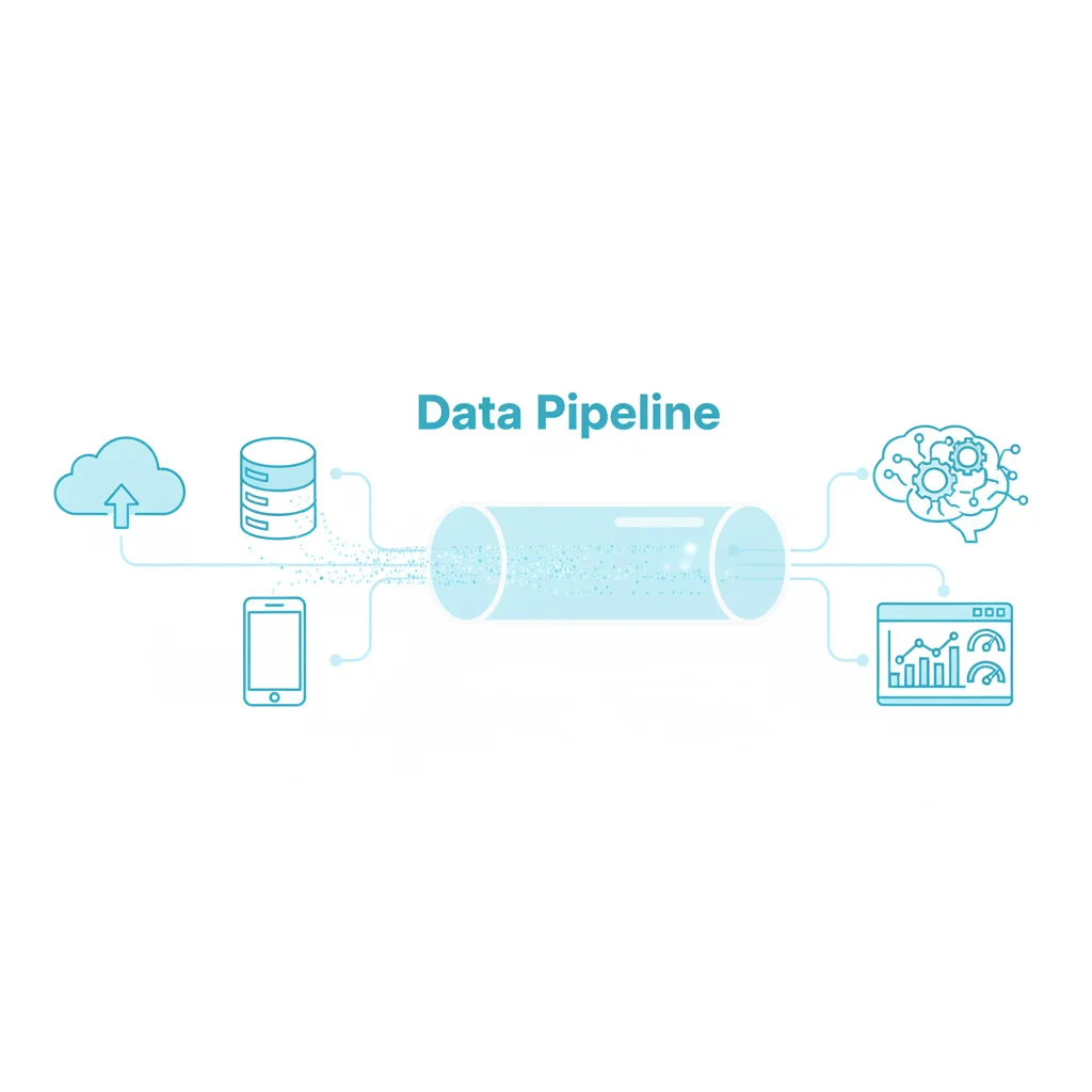 Diagrama ilustrativo de um pipeline de dados, mostrando dados de várias fontes fluindo por um duto central até chegar em insights e dashboards.