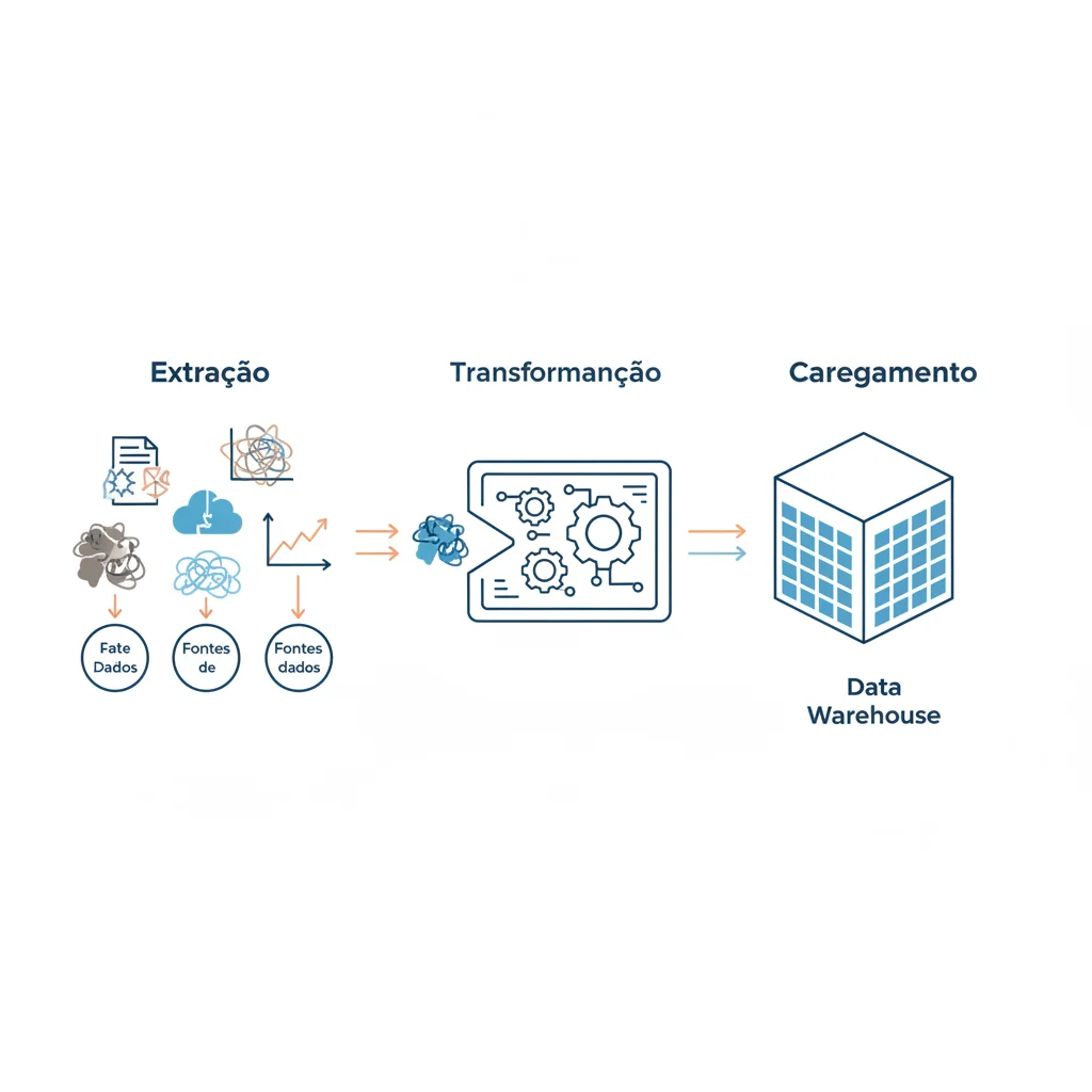 Infográfico das três etapas de um pipeline de dados: Extração, Transformação e Carregamento (ETL).