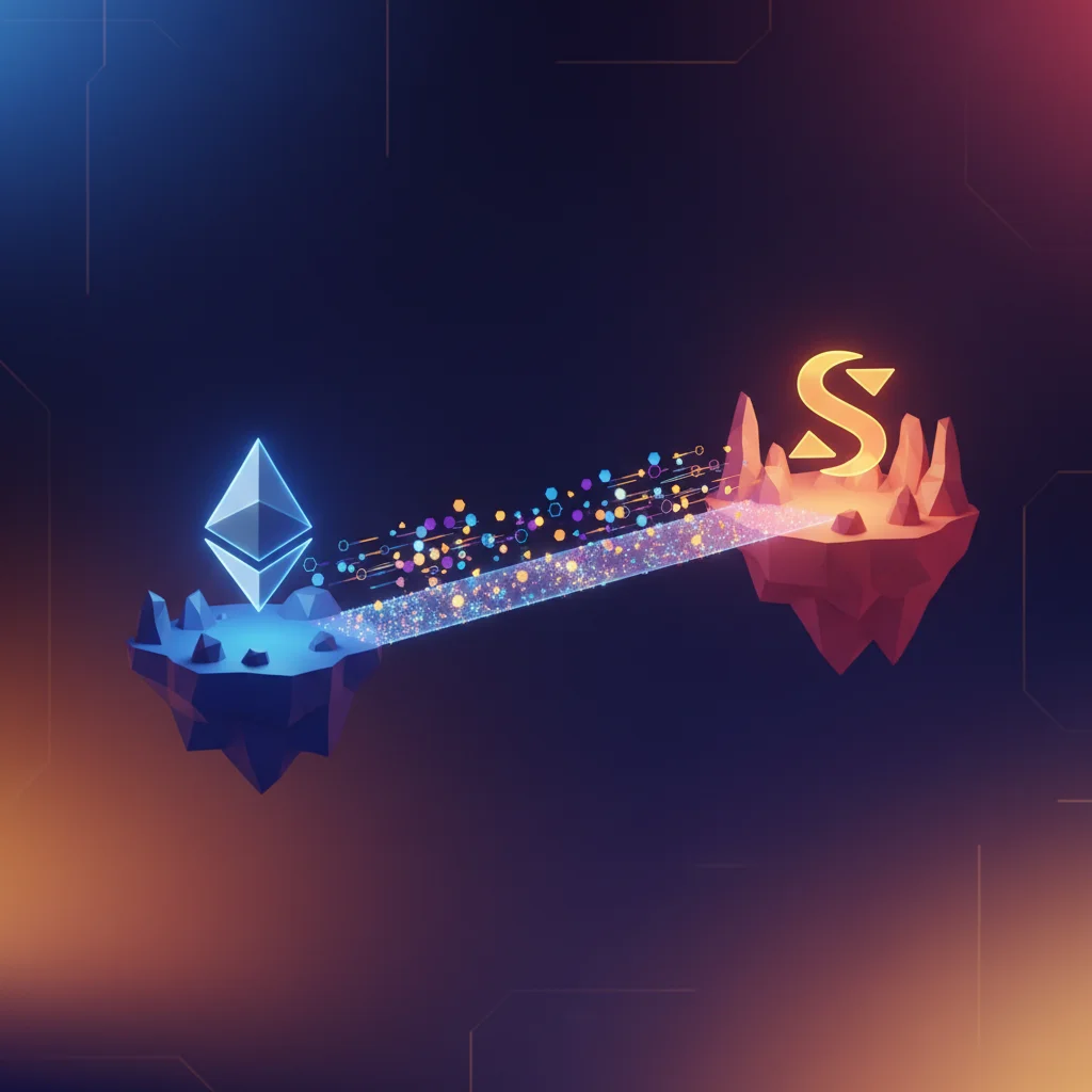 Ilustração de uma ponte digital conectando a blockchain Ethereum a outra blockchain, simbolizando la interoperabilidade.
