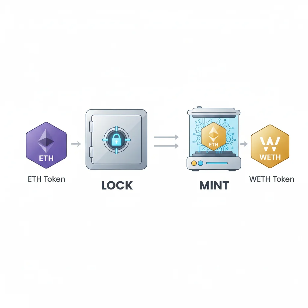 Diagrama explicando o mecanismo de 'lock and mint' (travar e cunhar) de uma ponte de criptomoedas.