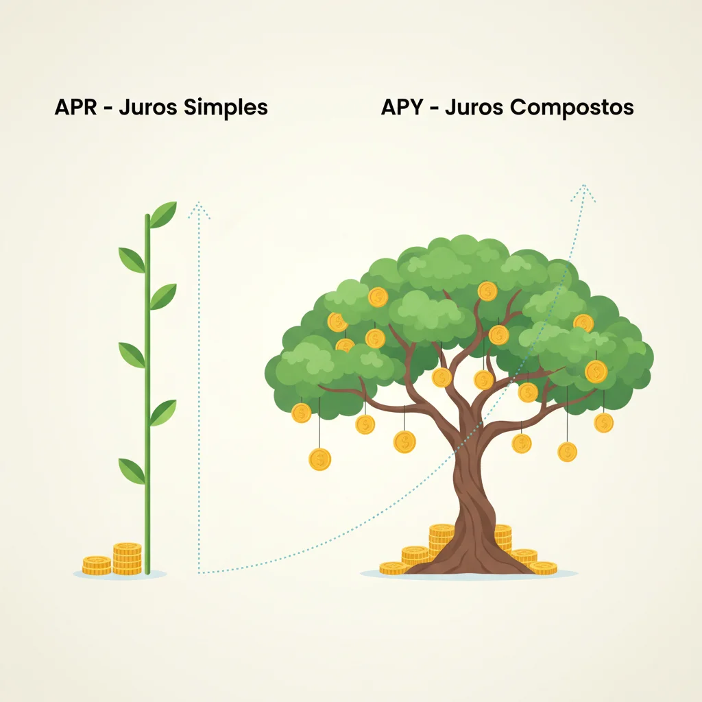 Infográfico comparando APR (juros simples) com APY (juros compostos) no rendimento de criptomoedas.