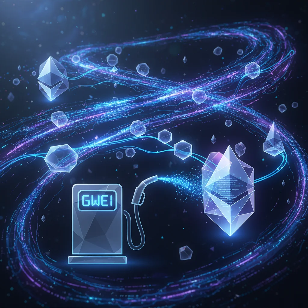 Ilustração do conceito de gás na blockchain Ethereum, mostrando uma bomba de combustível digital abastecendo um contrato inteligente.