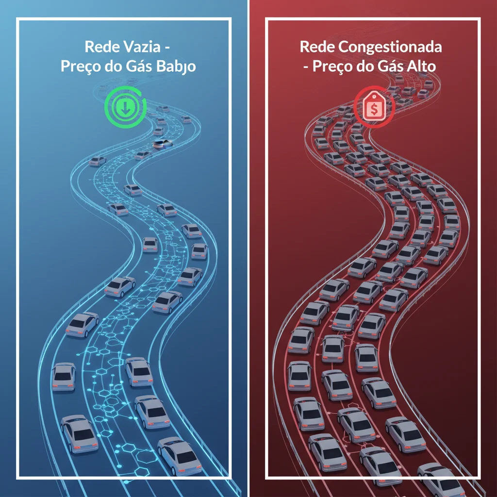 Infográfico comparando uma rede blockchain vazia com taxas de gás baixas e uma rede congestionada com taxas de gás altas.