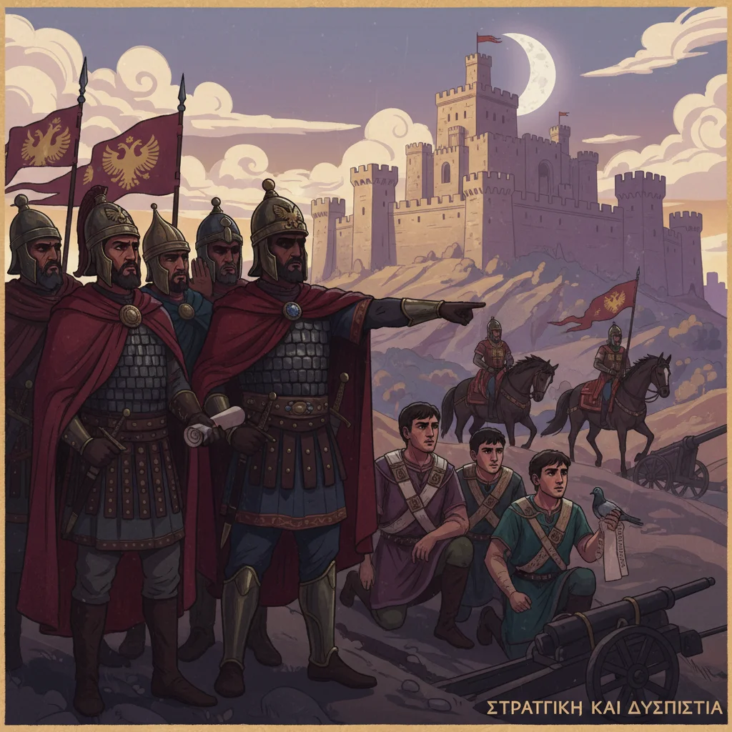 Ilustração do Problema dos Generais Bizantinos com generais em volta de um castelo.