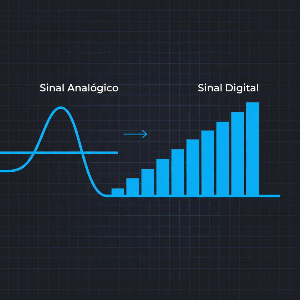 Diagrama ilustrando a conversão de um sinal analógico contínuo para um sinal digital discreto.