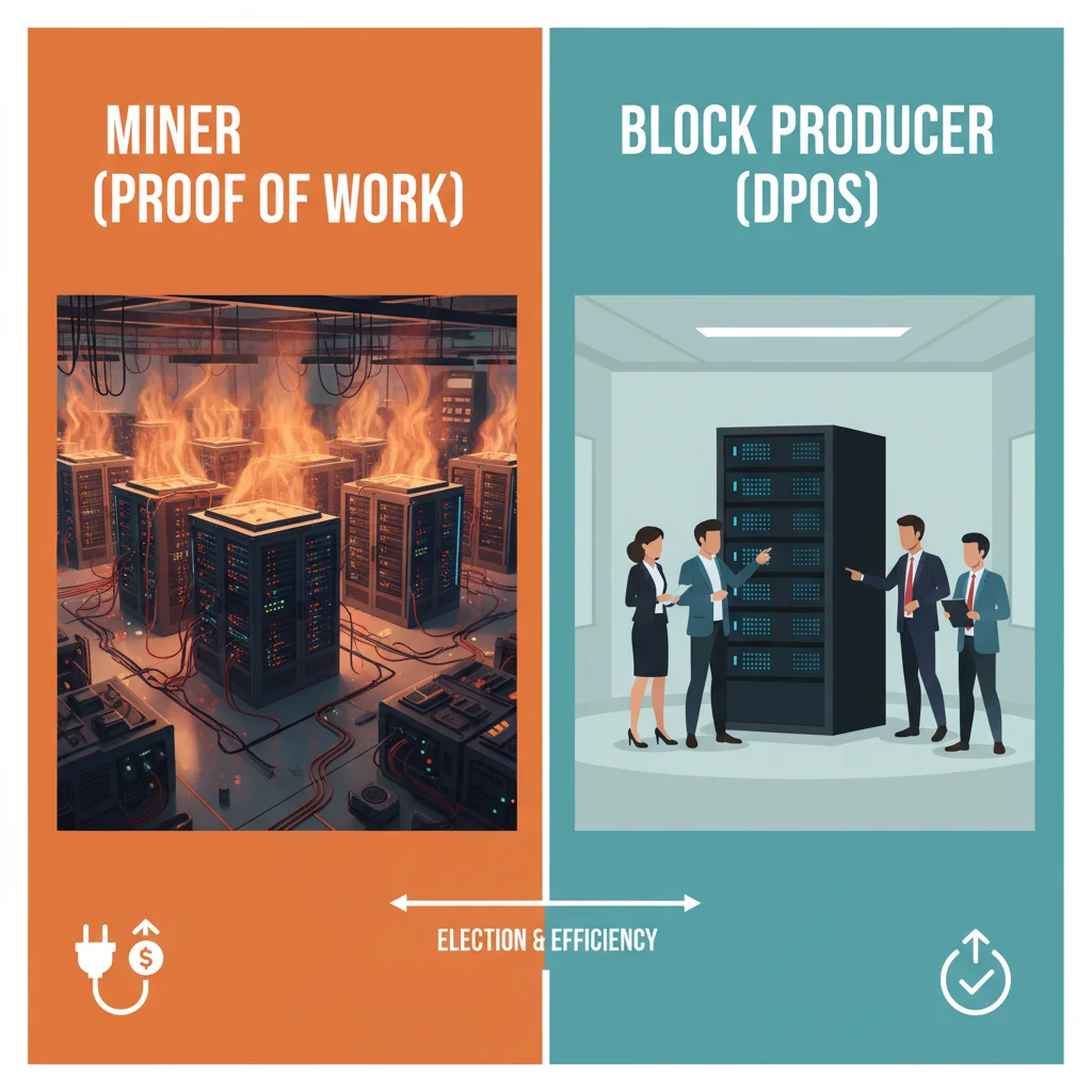 Comparativo visual entre a mineração (Proof of Work) e a produção de blocos (Delegated Proof of Stake).
