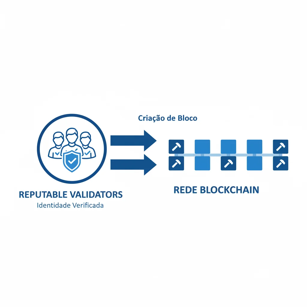 Diagrama do mecanismo de consenso Proof-of-Authority (PoA), mostrando validadores aprovados criando blocos na blockchain.