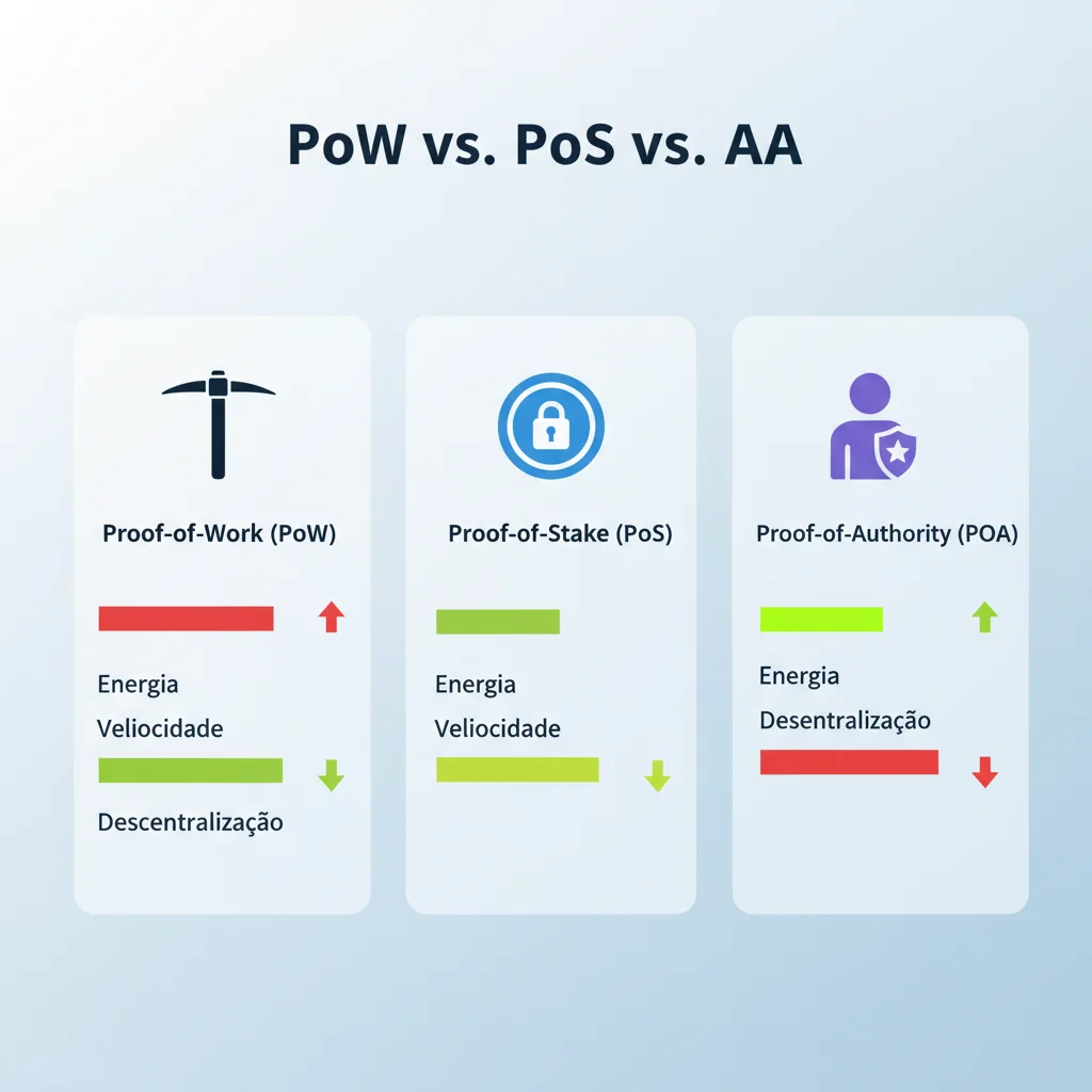 Gráfico comparando os trade-offs de Proof-of-Work (PoW), Proof-of-Stake (PoS) e Proof-of-Authority (PoA) em termos de velocidade, descentralização e consumo de energia.