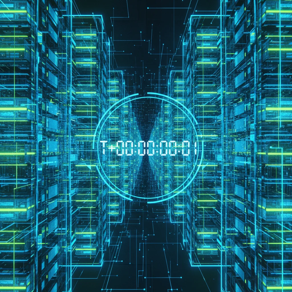 Ilustração do conceito de Proof-of-Spacetime com discos rígidos e um relógio digital.