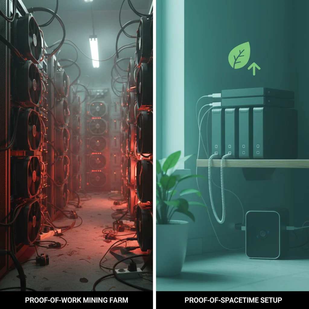 Comparativo entre a mineração Proof-of-Work (gastando muita energia) e Proof-of-Spacetime (mais sustentável).