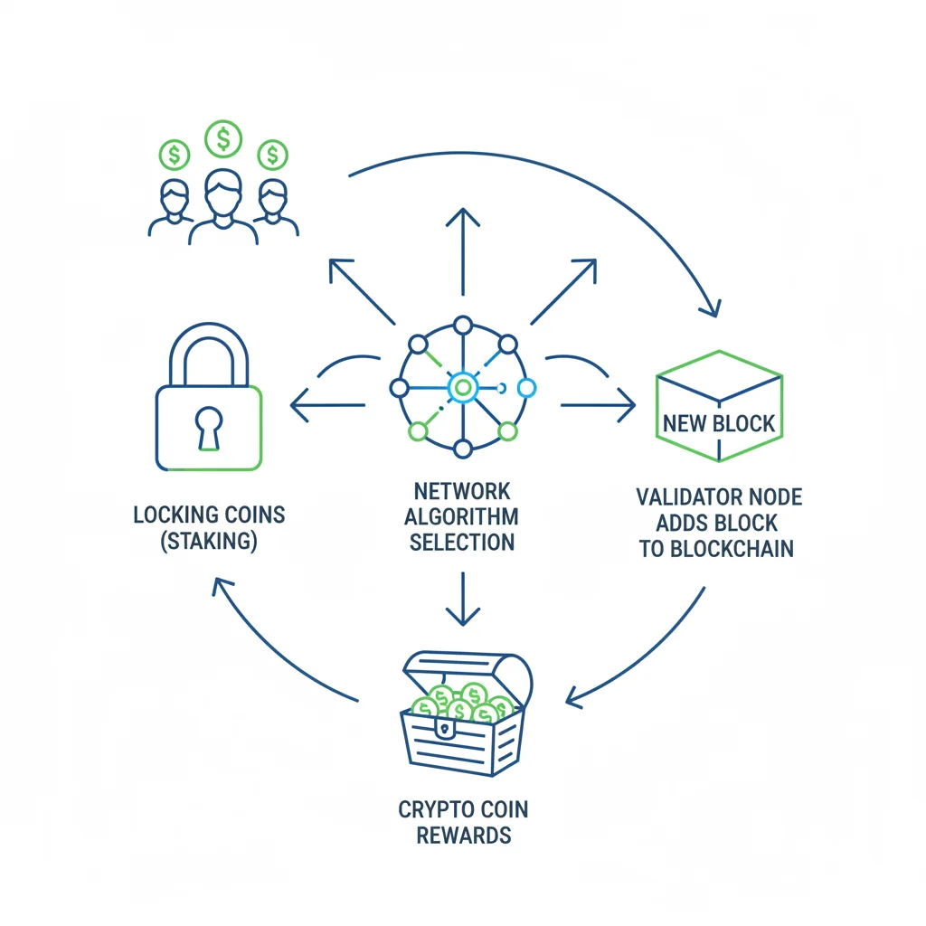 Infográfico explicando o funcionamento do Proof-of-Stake (PoS) com validadores e recompensas.