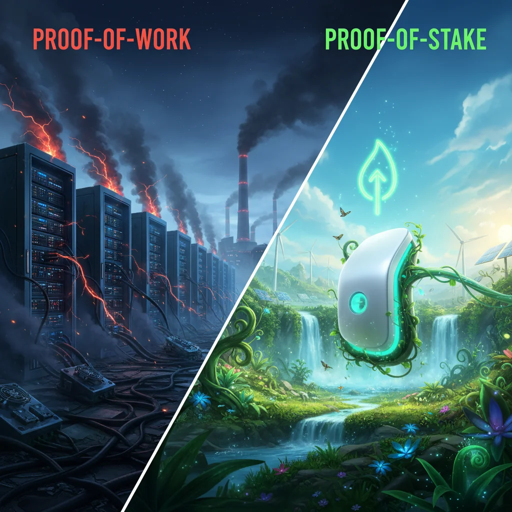 Comparativo visual entre o alto consumo de energia do Proof-of-Work e a eficiência energética do Proof-of-Stake.