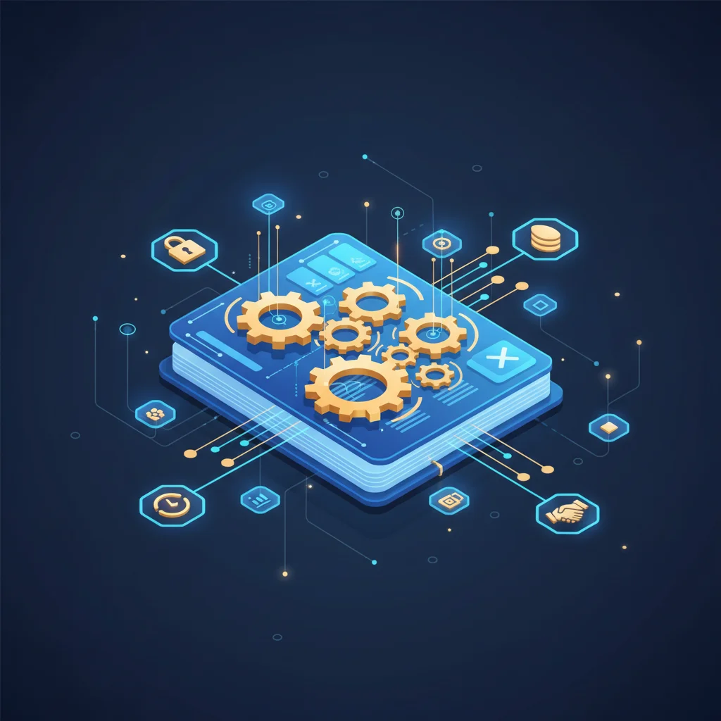 Ilustração conceitual do que é um protocolo blockchain, mostrando um livro de regras digital conectado a uma rede de nós.