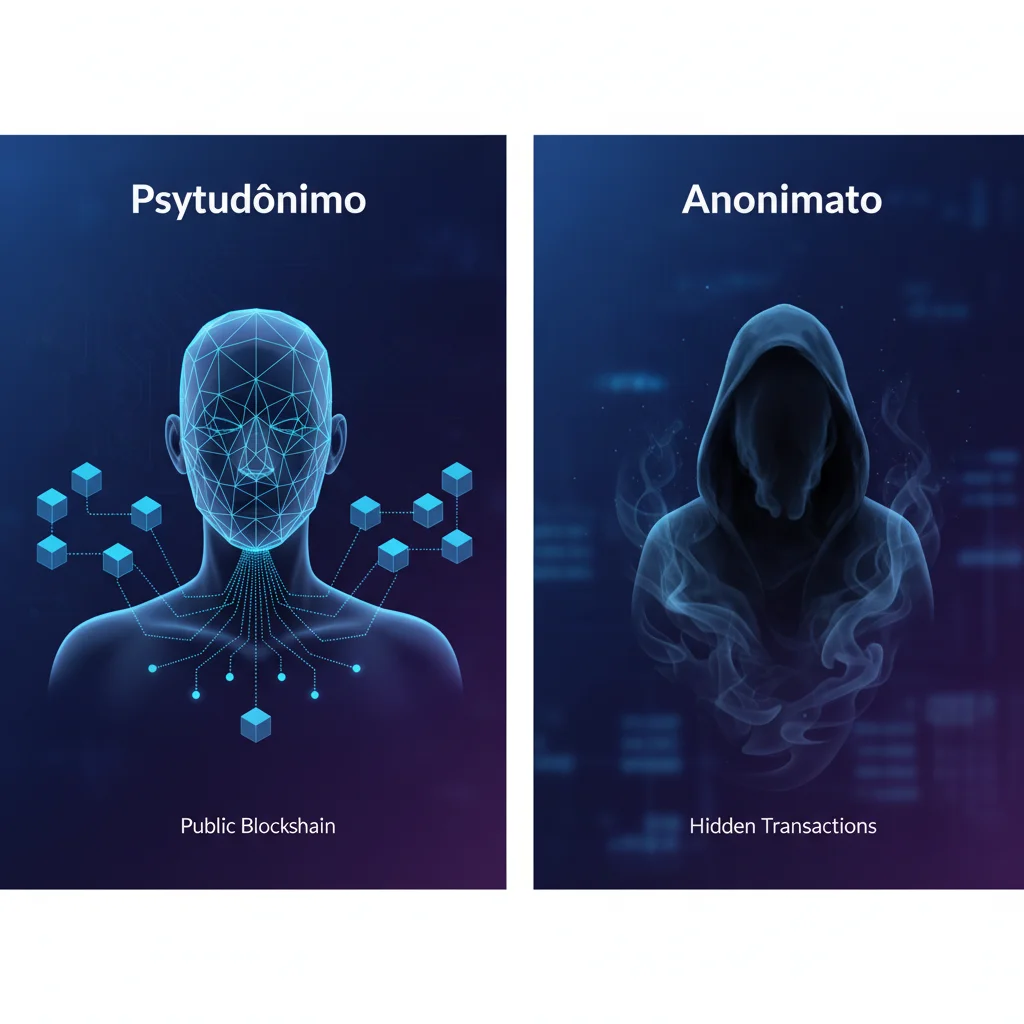 Diagrama comparando pseudonimato vs. anonimato em blockchain: transações públicas vs. transações ocultas.