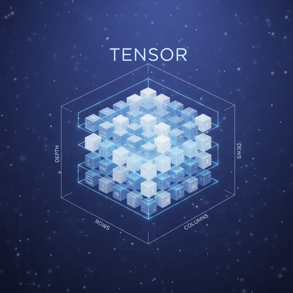 Visualização 3D de um tensor, uma estrutura de dados multidimensional, com cubos numéricos brilhantes conectados, ilustrando a base da manipulação de dados em deep learning.