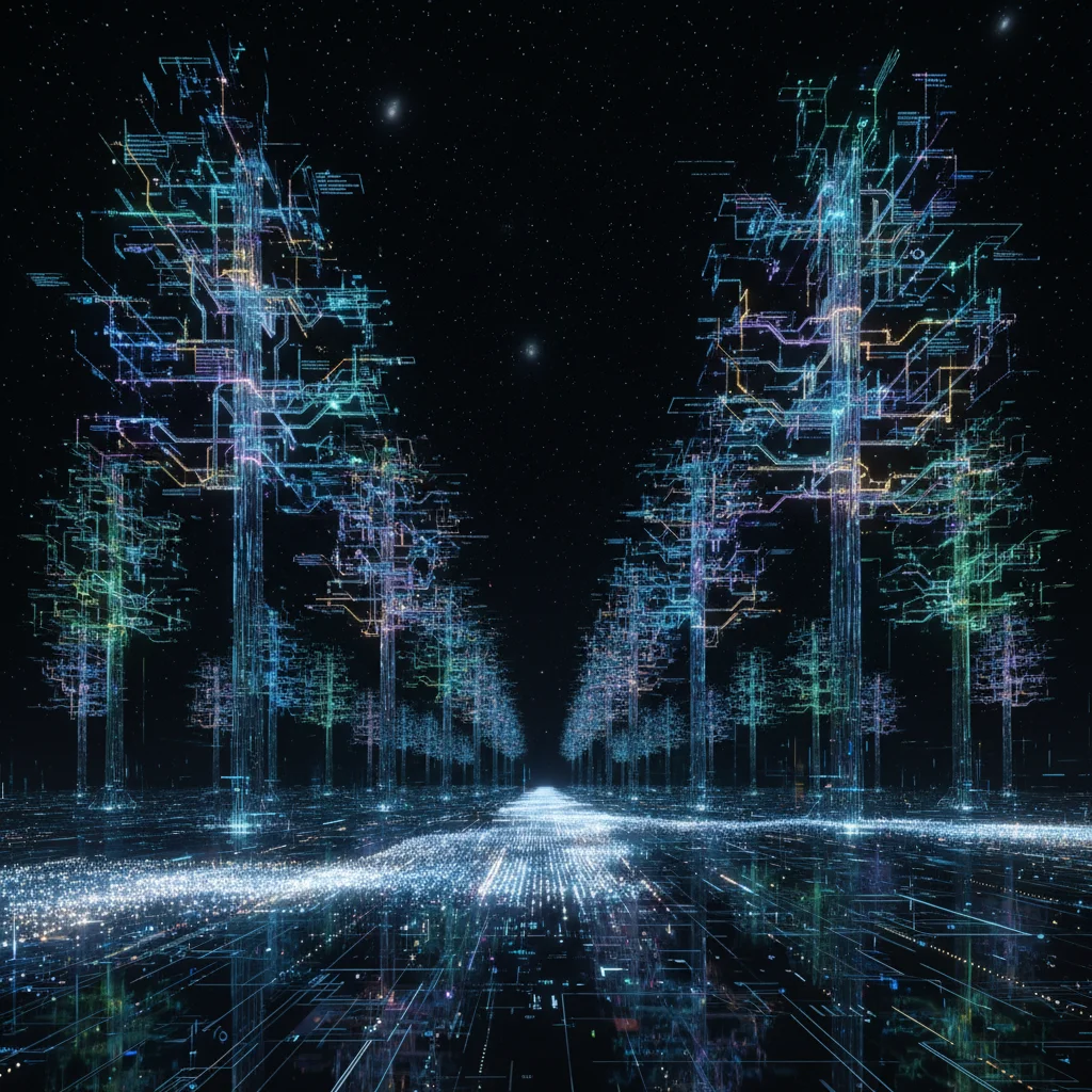 Ilustração de um bosque digital representando o algoritmo Random Forest, onde cada árvore é um fluxograma de decisão brilhante que analisa o fluxo de dados.