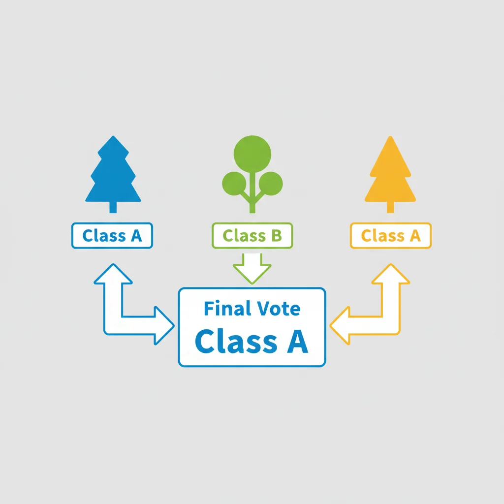 Infográfico demonstrando o processo de votação, onde três árvores chegam a uma decisão final por maioria, resultando na escolha da Classe A.