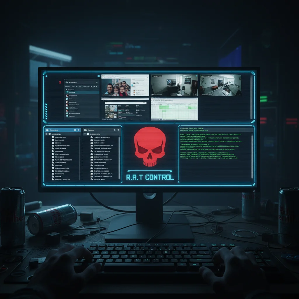 Painel de controle de um hacker utilizando um RAT para monitorar e controlar vários computadores infectados.