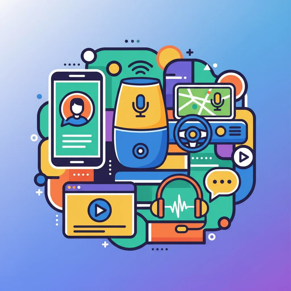 Mosaico de ícones representando as aplicações do reconhecimento de fala no dia a dia, como assistentes virtuais e legendas automáticas.