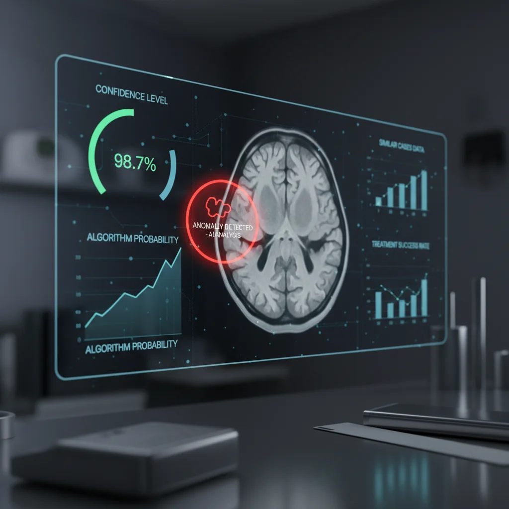 Interface de um software de inteligência artificial analisando uma ressonância magnética do cérebro e destacando uma anomalia para auxiliar no diagnóstico médico.