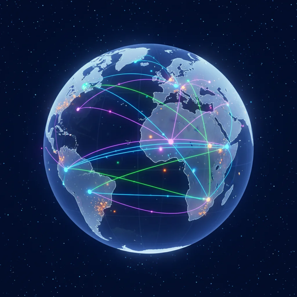 Ilustração futurista de uma Rede de computadores global, mostrando pontos de luz conectados por linhas brilhantes sobre um mapa do planeta, simbolizando a troca de dados.