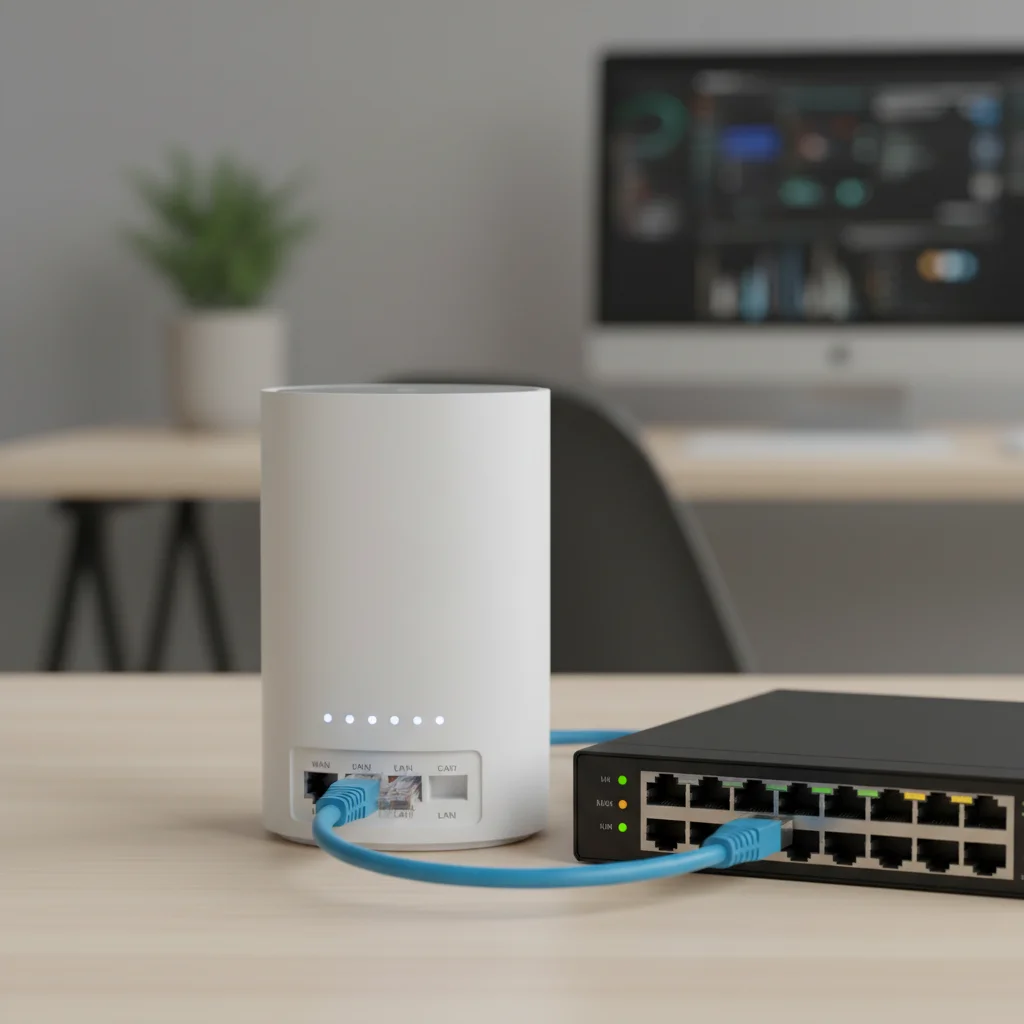 Equipamentos de conexão essenciais, como um roteador Wi-Fi branco e um switch preto, interligados por um cabo de rede azul sobre uma mesa.