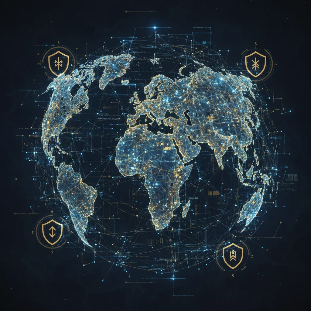 Ilustração de uma rede descentralizada de blockchain, mostrando vários nós conectados globalmente sem um ponto central.