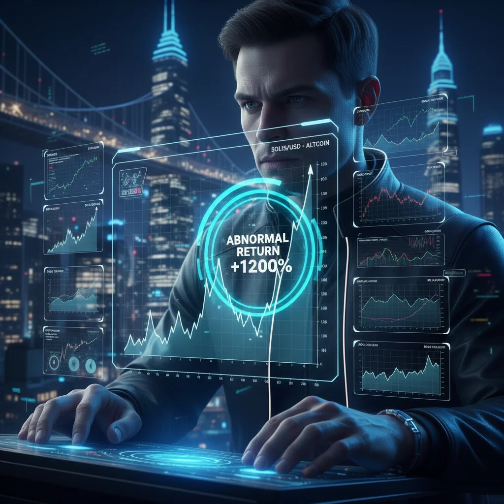 Investidor de criptomoedas analisando gráficos em um painel digital, com foco em um pico que representa um alto retorno anormal.