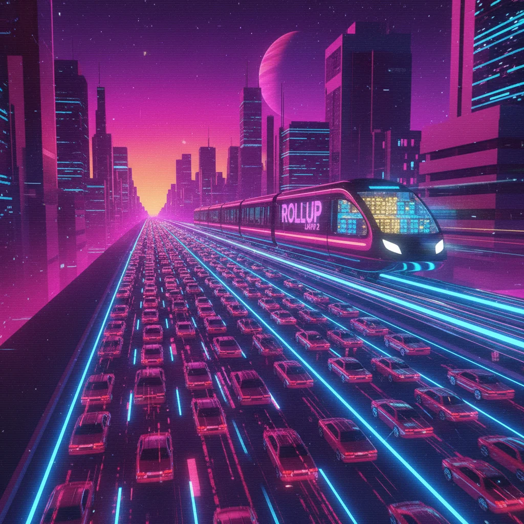 Ilustração conceitual de um Rollup funcionando para escalar o Ethereum. Uma rodovia congestionada representa a rede principal, e uma via expressa superior simboliza o Rollup processando transações em lote.