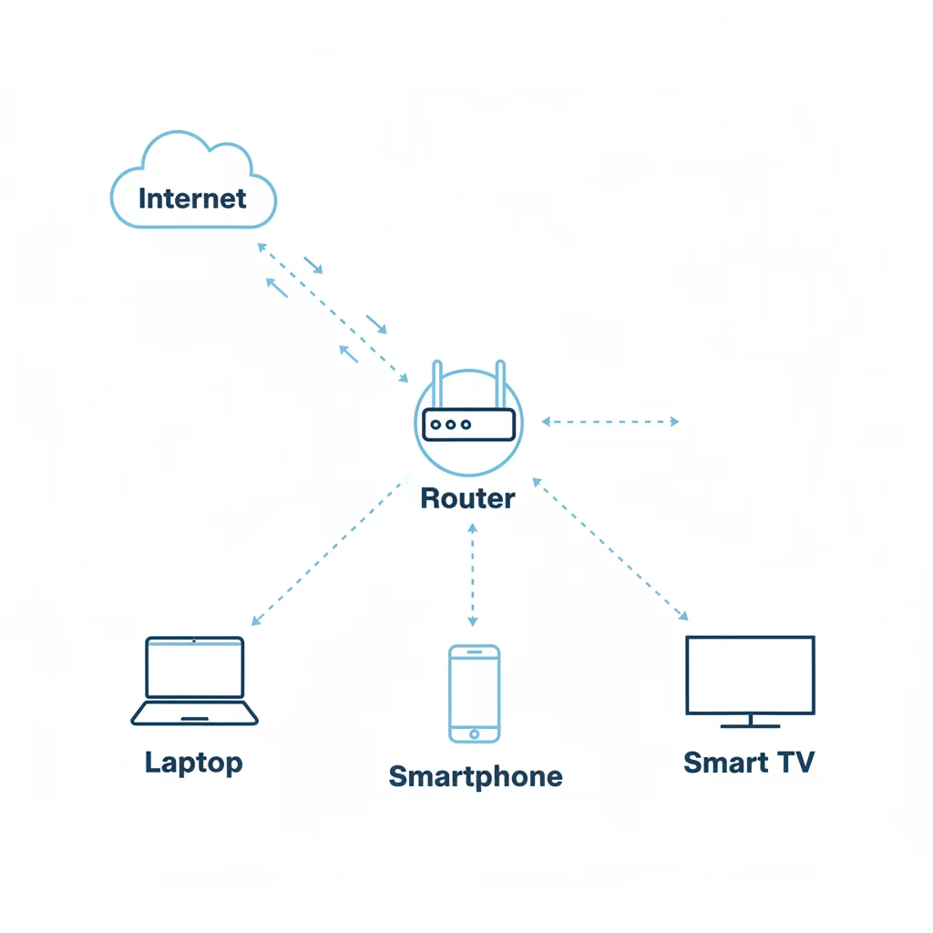 Diagrama ilustrando o funcionamento de um roteador, recebendo dados da internet e distribuindo para diversos dispositivos.