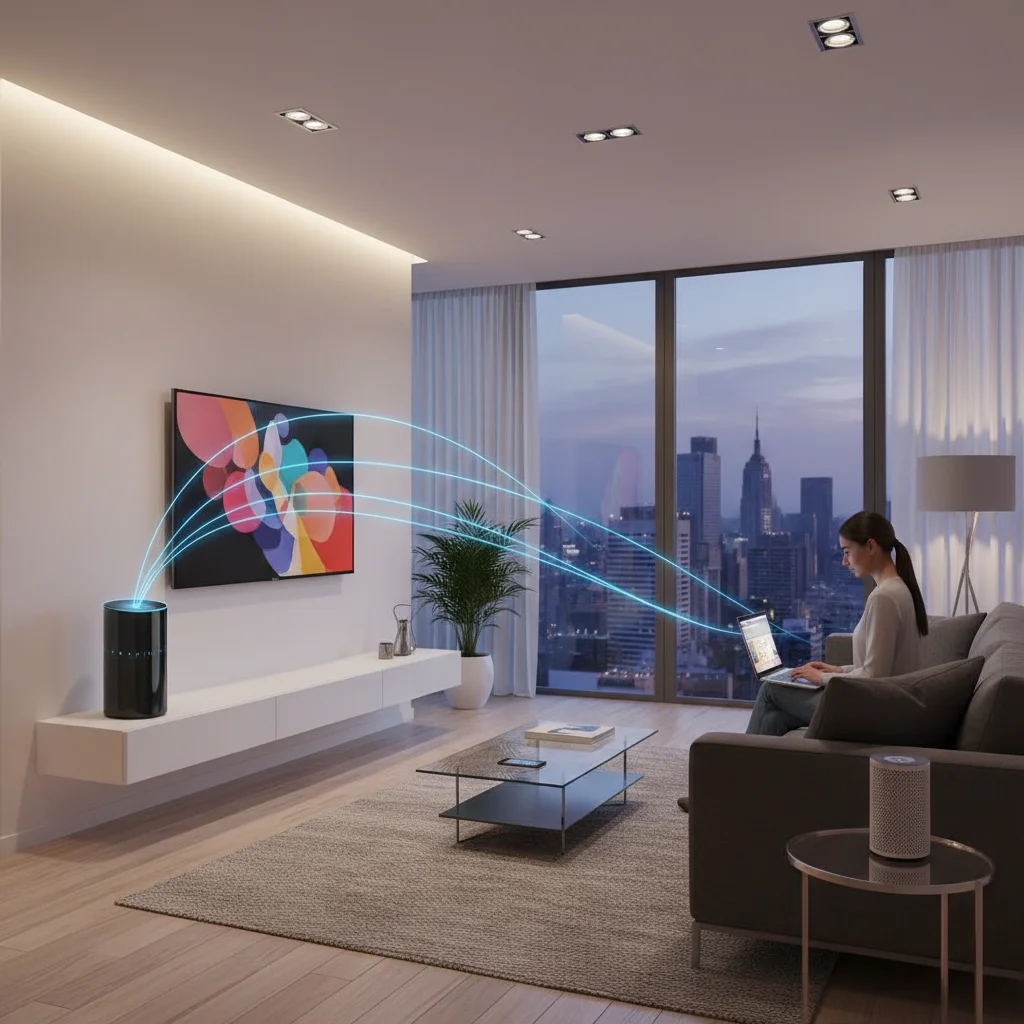 Um roteador Wi-Fi moderno em uma sala, conectado a um notebook, smartphone, smart TV e outros dispositivos.
