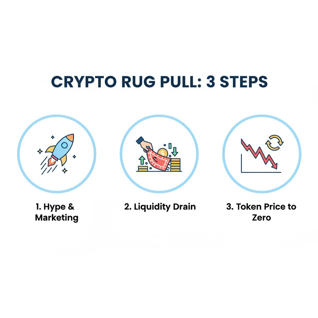 Infográfico explicando as etapas de um golpe rug pull em criptomoedas: hype, drenagem de liquidez e queda do preço a zero.