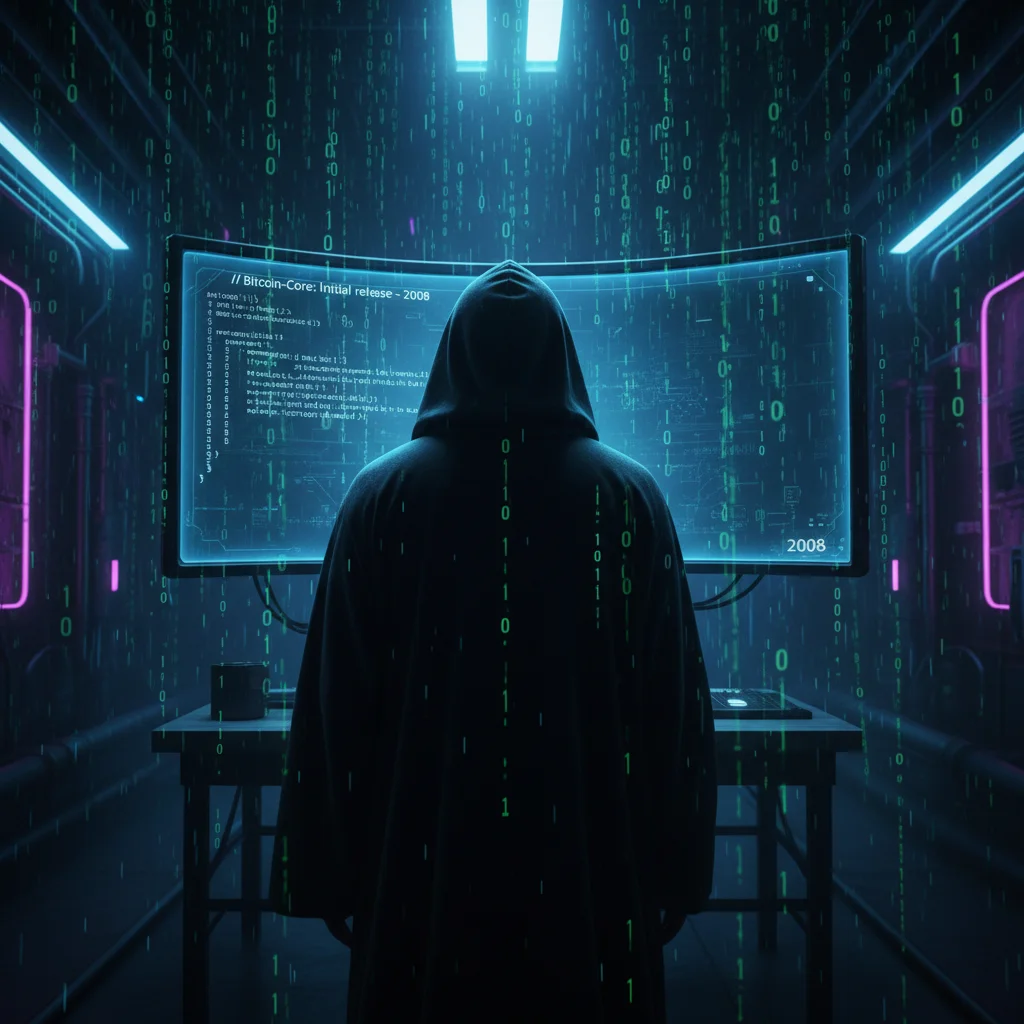 Ilustração de uma figura misteriosa representando Satoshi Nakamoto e a criação do Bitcoin.