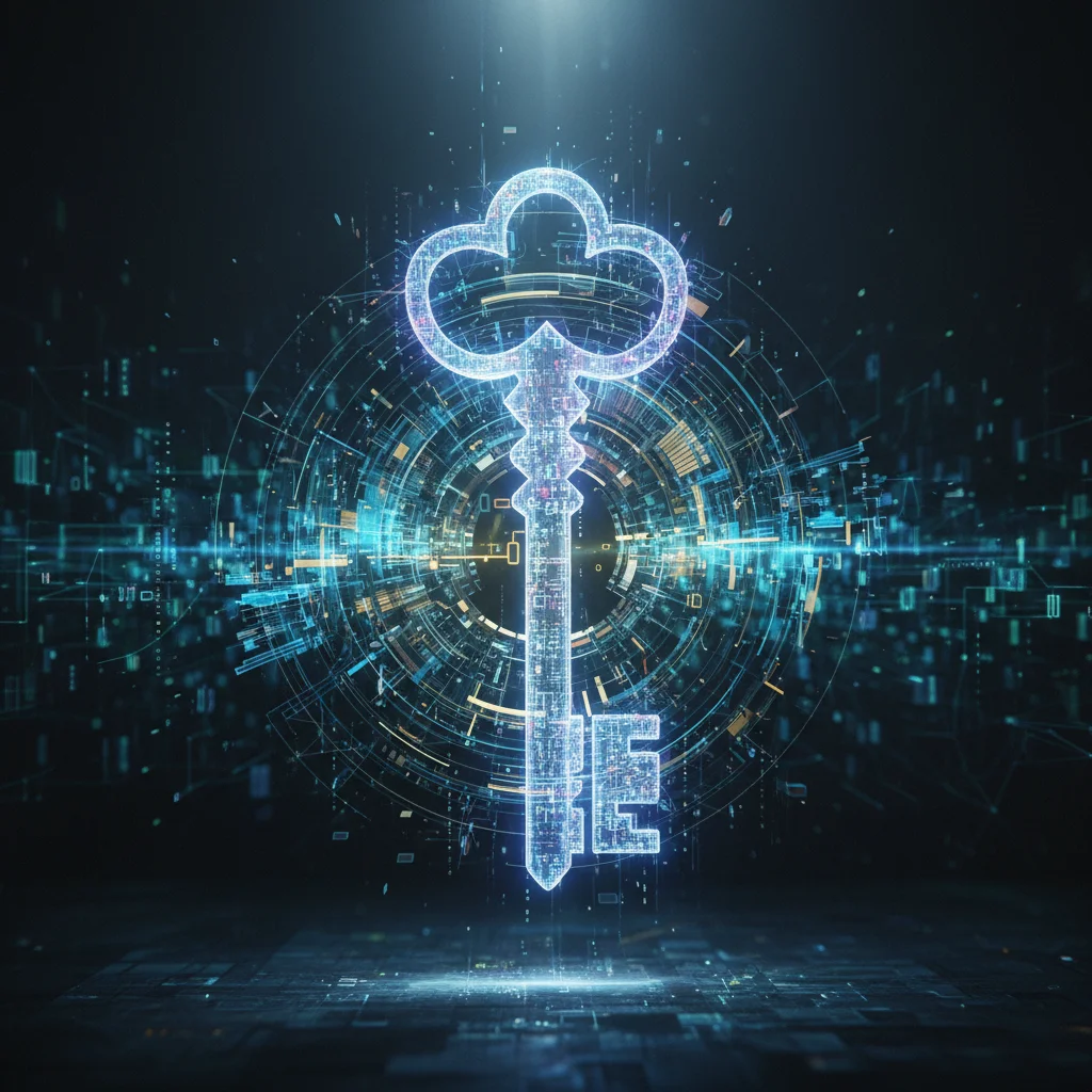 Ilustração de uma chave mestra brilhante formada por palavras flutuantes que representa uma Seed Phrase, destravando um cofre digital seguro em um ambiente tecnológico.