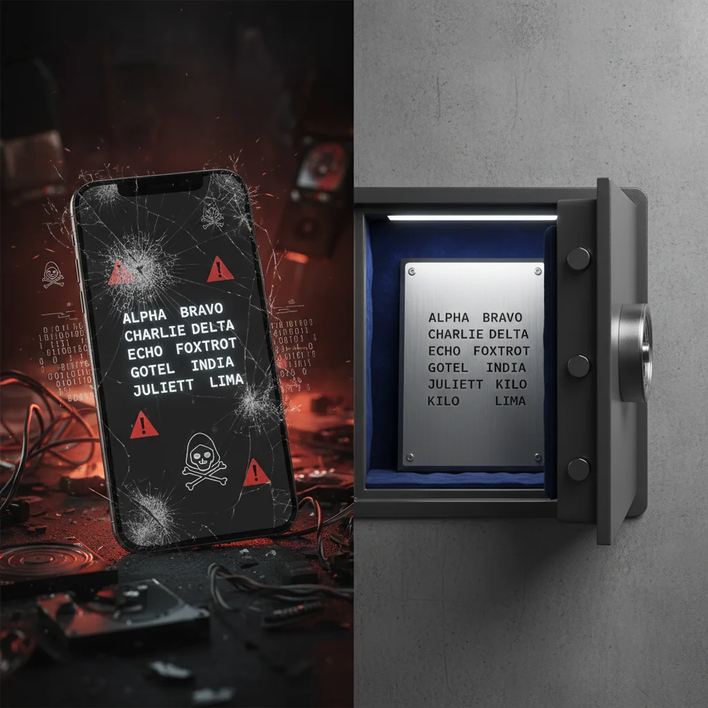 Comparativo de métodos de armazenamento: à esquerda, uma forma insegura com la frase salva em um celular quebrado e vulnerável; à direita, uma forma segura com as palavras gravadas em uma placa de metal dentro de um cofre.