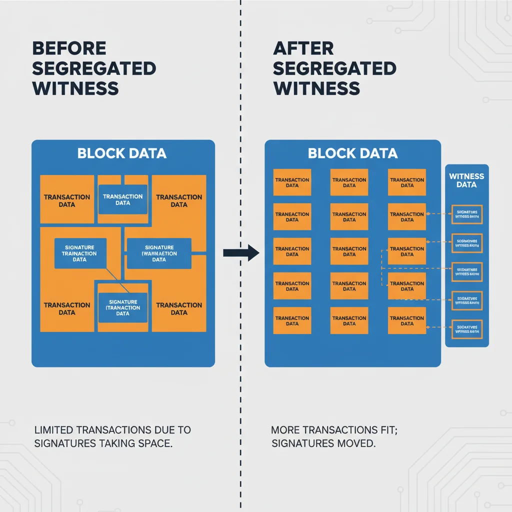 Diagrama comparativo mostrando um bloco do Bitcoin antes e depois do SegWit, ilustrando como o SegWit permite que mais transações caibam no mesmo espaço.