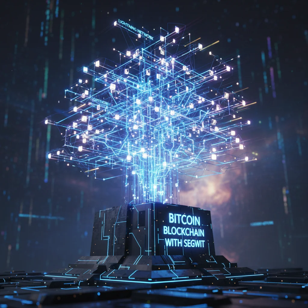 Ilustração da Lightning Network sendo construída sobre a base sólida da blockchain do Bitcoin, que foi fortalecida pela atualização SegWit.