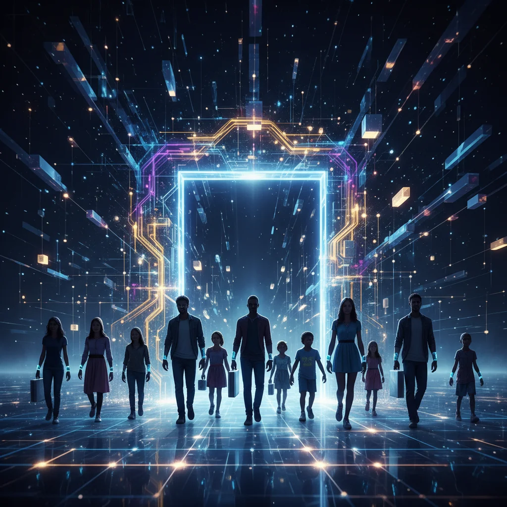 Ilustração de um portão digital aberto em uma rede blockchain, simbolizando o acesso livre e sem permissão.