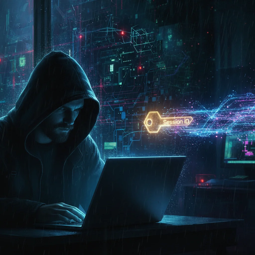 Ilustração conceitual de um ataque de Session Hijacking, mostrando um hacker encapuzado interceptando uma chave dourada digital, que representa o ID da sessão, de um usuário.
