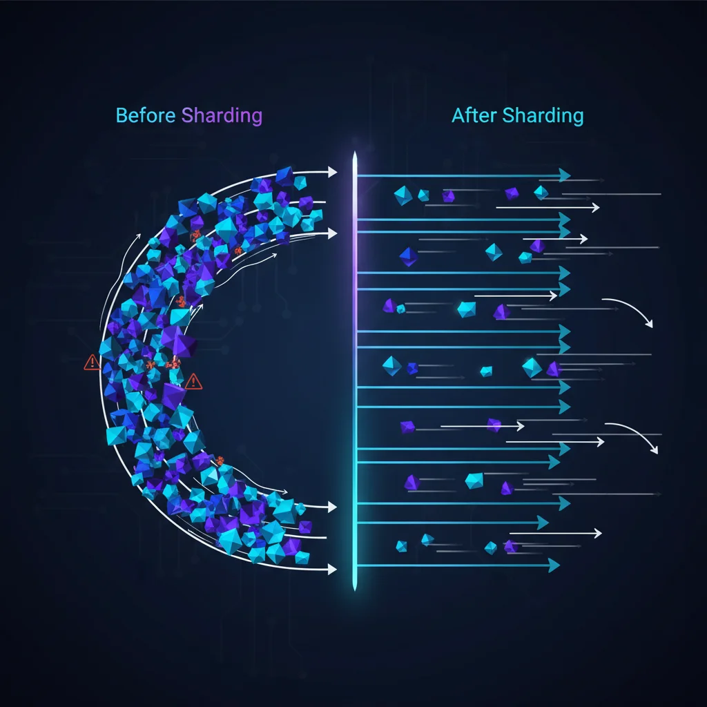 Diagrama explicando o que é sharding, mostrando um fluxo único e lento de dados se transformando em múltiplos fluxos rápidos e paralelos.