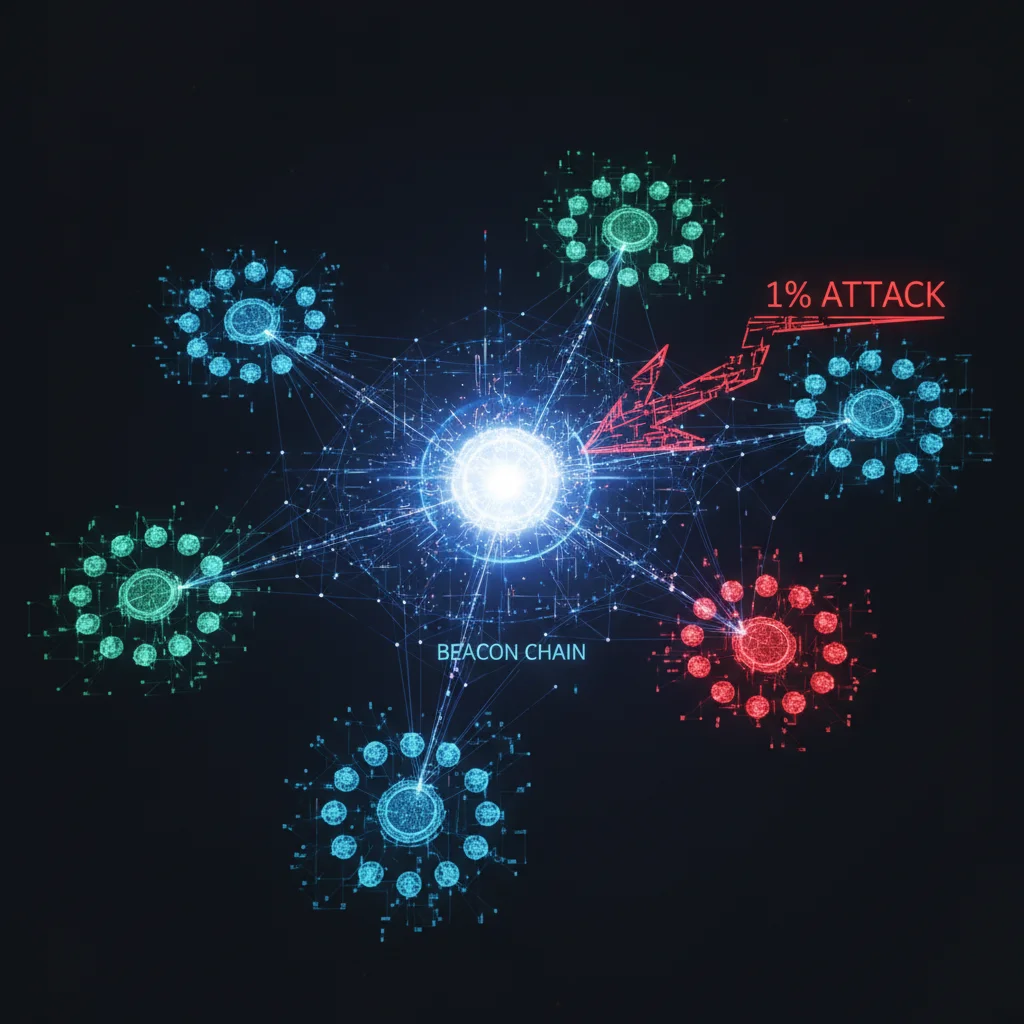 Ilustração do desafio de segurança do sharding, com uma rede blockchain fragmentada e um dos fragmentos (shards) sofrendo um ataque.