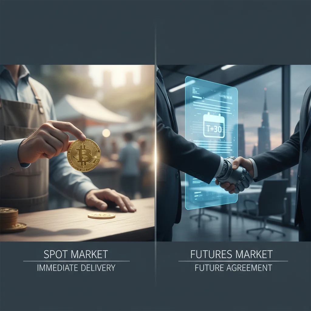 Comparativo visual entre o mercado Spot (entrega imediata de um ativo) e o mercado de Futuros (acordo para uma data futura).
