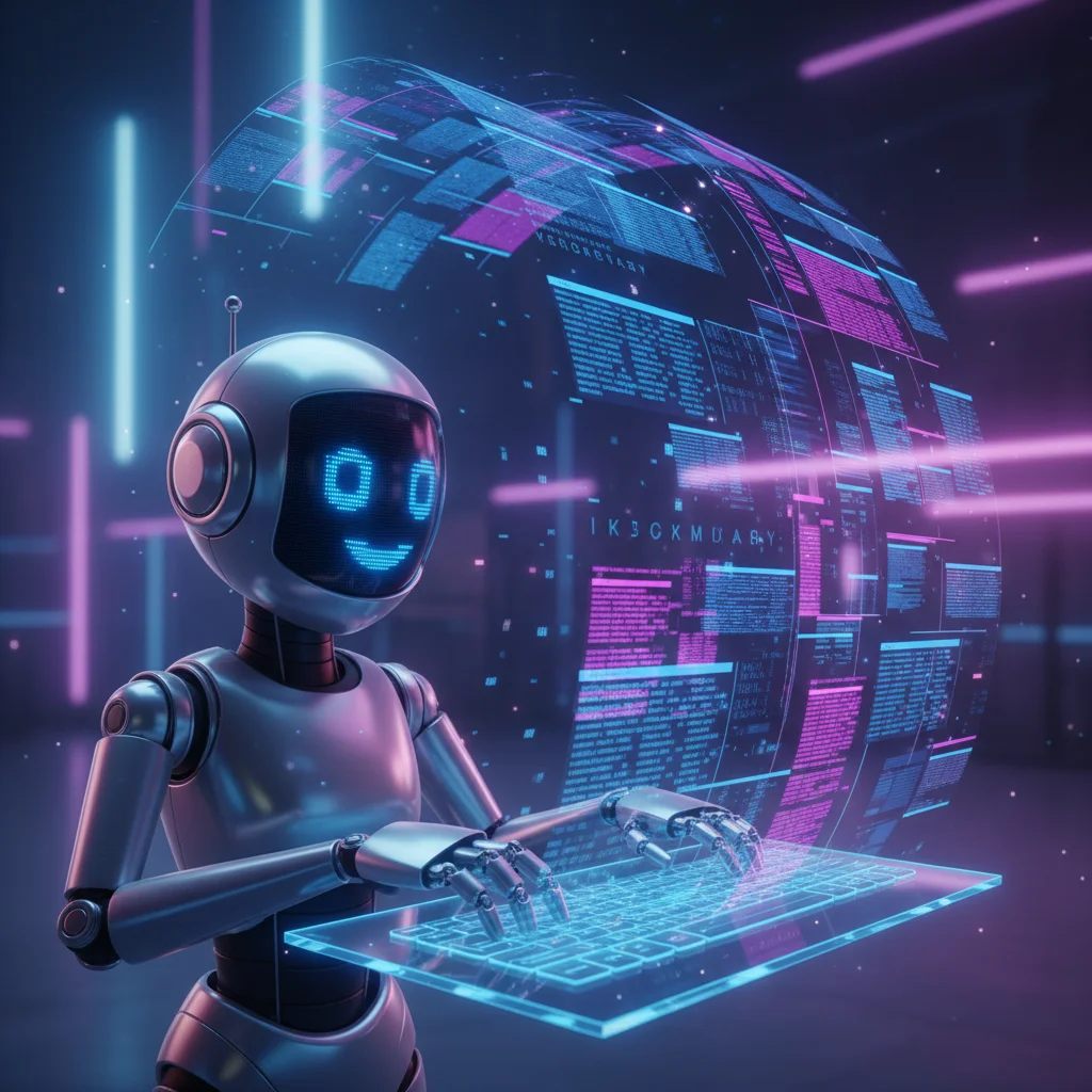 Ilustração futurista de um robô consultando um banco de dados holográfico, representando o uso da linguagem SQL (Structured Query Language) para buscar e organizar informações de forma estruturada.