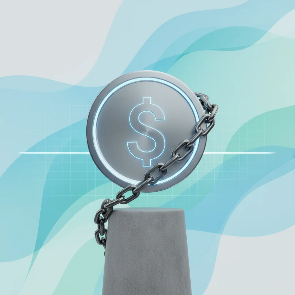 Ilustração de uma moeda digital com o símbolo do dólar ancorada, representando a estabilidade da stablecoin.