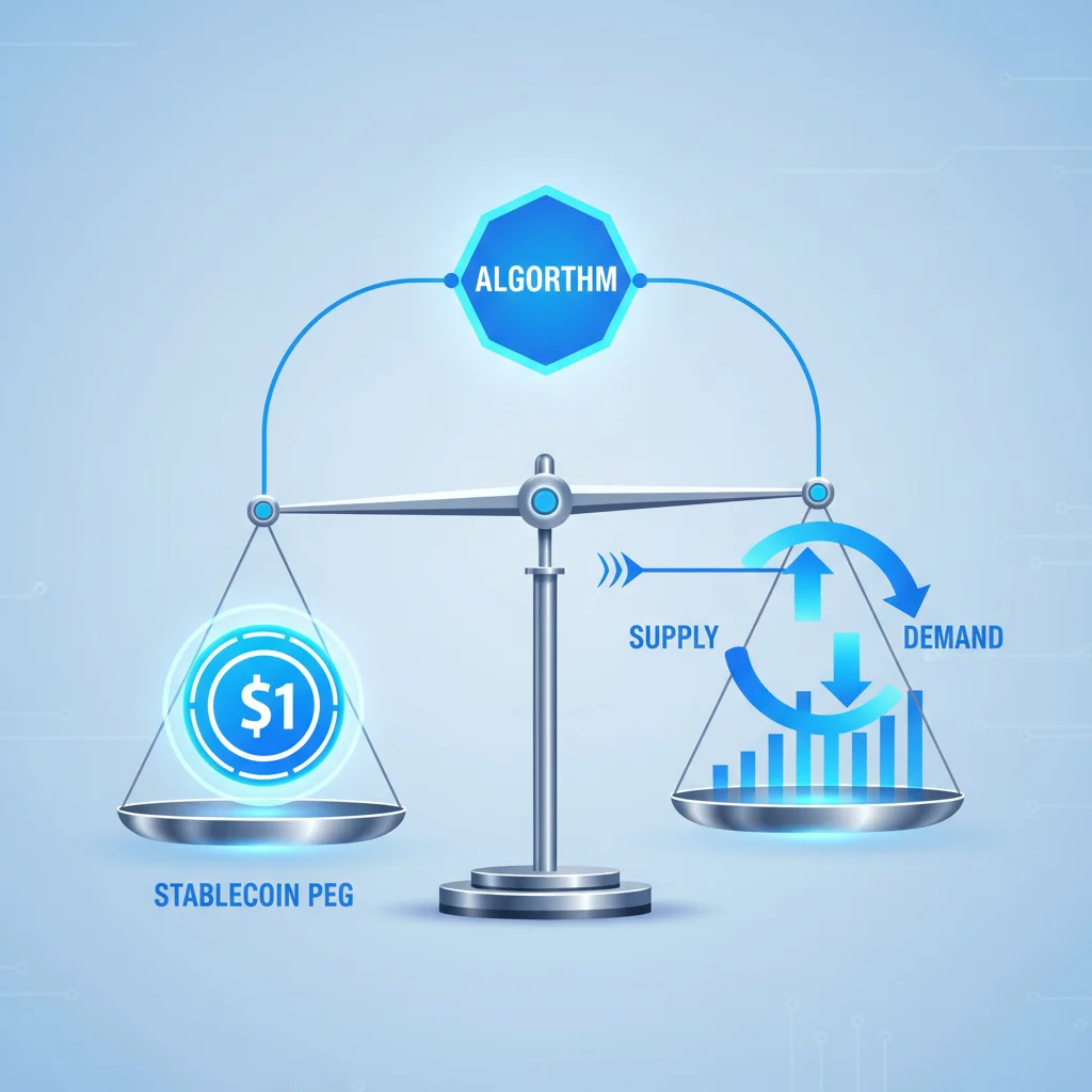 Diagrama que ilustra o mecanismo de uma stablecoin algorítmica, com um algoritmo central equilibrando oferta e demanda para manter o preço em 1 dólar.