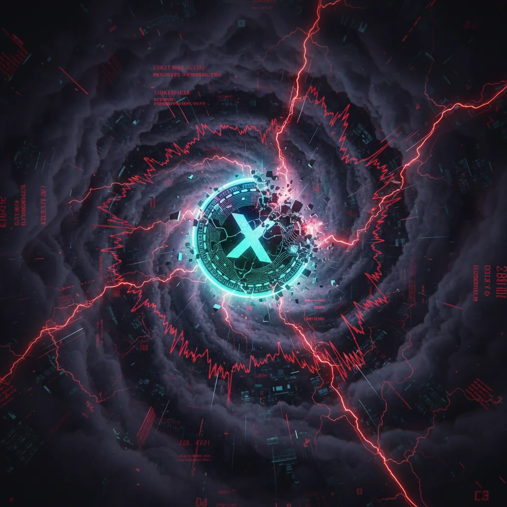 Ilustração conceitual da 'espiral da morte' de uma criptomoeda, mostrando uma moeda digital quebrando enquanto cai em um vórtex escuro.