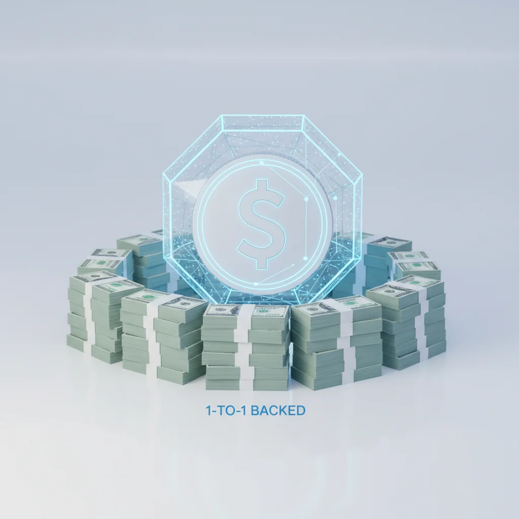 Ilustração de uma stablecoin lastreada em dólar, mostrando uma moeda digital dentro de um cofre com notas de dólar ao redor.