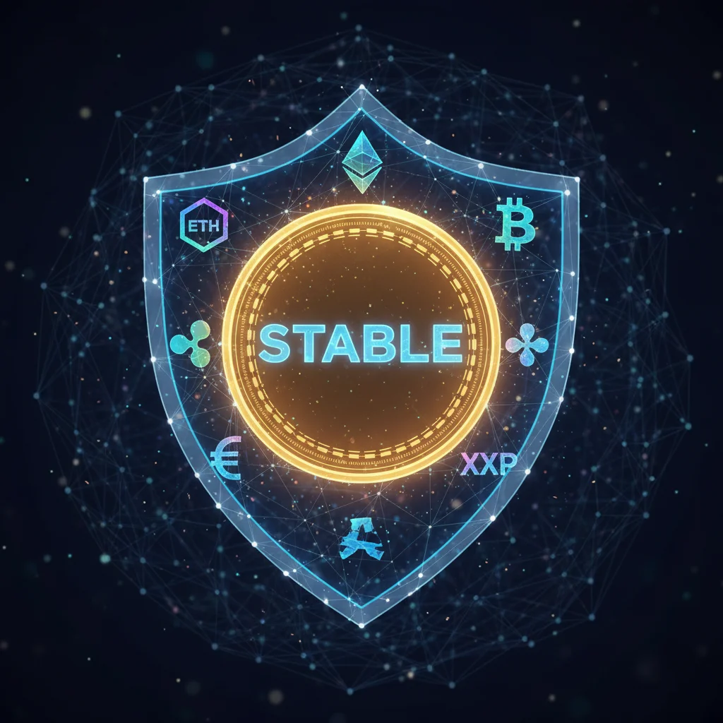 Representação de uma stablecoin sendo protegida por um escudo formado por outras criptomoedas como Ethereum e Bitcoin.